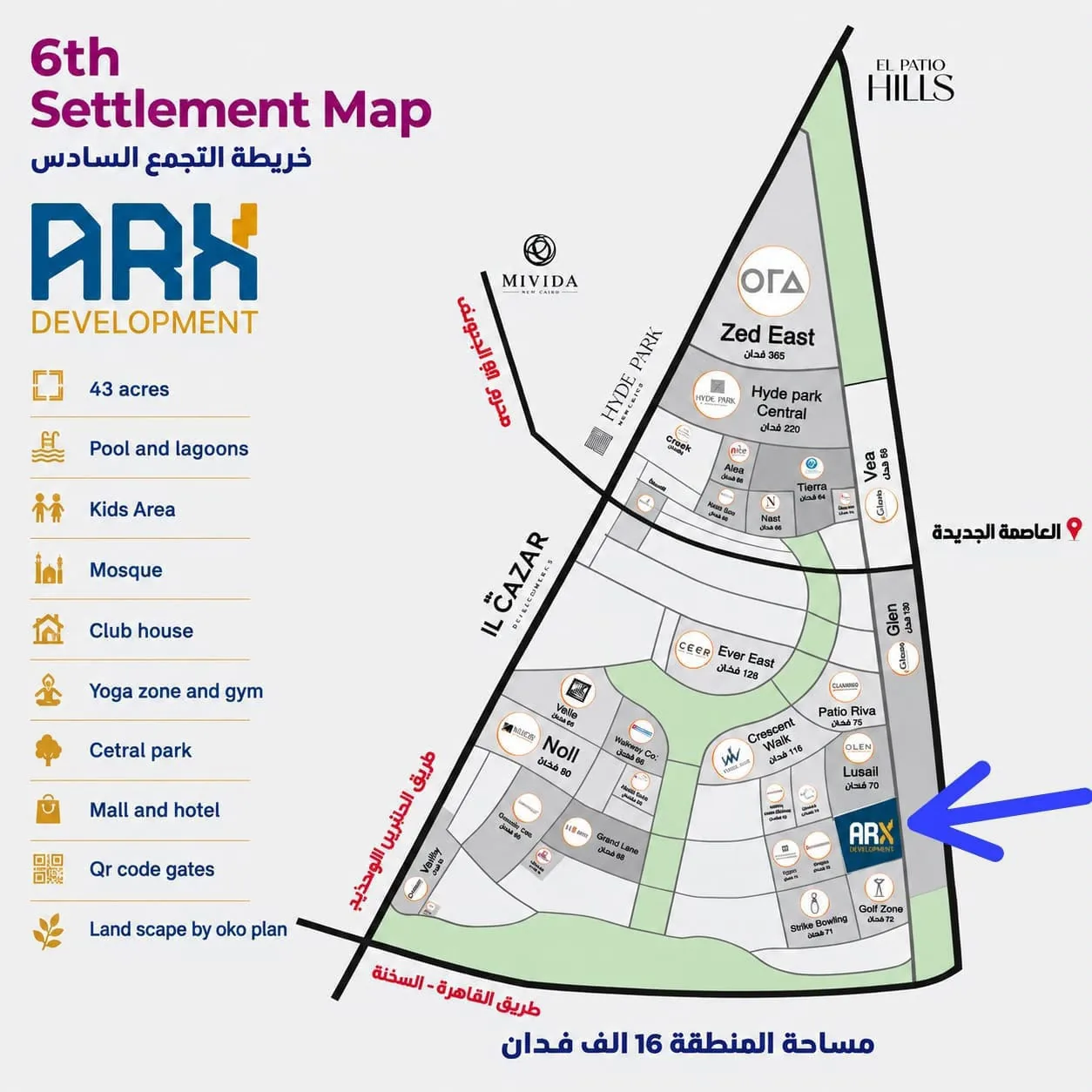 خريطة موقع أصل ARX Development في التجمع السادس والمشروعات المجاورة